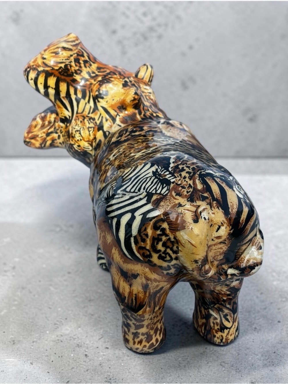Vintage African Porcelain Hippopotamus Zebra. Leopard, and Cheetah Print Statue